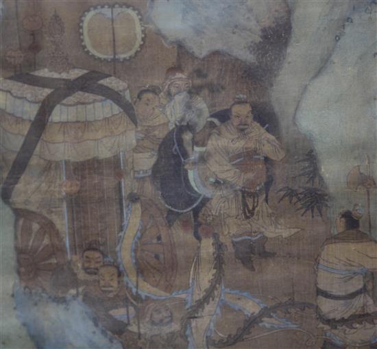 A Chinese painting on silk of soldiers, 18th/19th century, 97x 49cm, framed and glazed